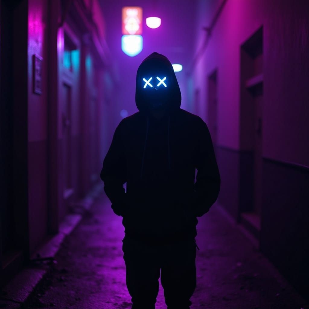 Cyberpunk Silhouette with Glowing Eyes in Neon Alley