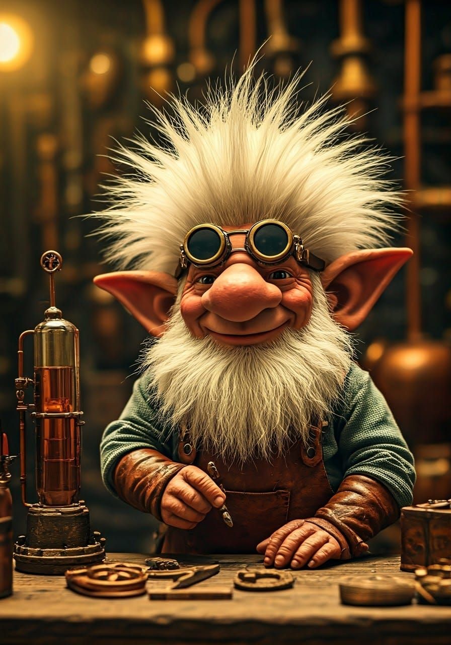 Gnome Tinkerer in Whimsical Steam-Powered Workshop