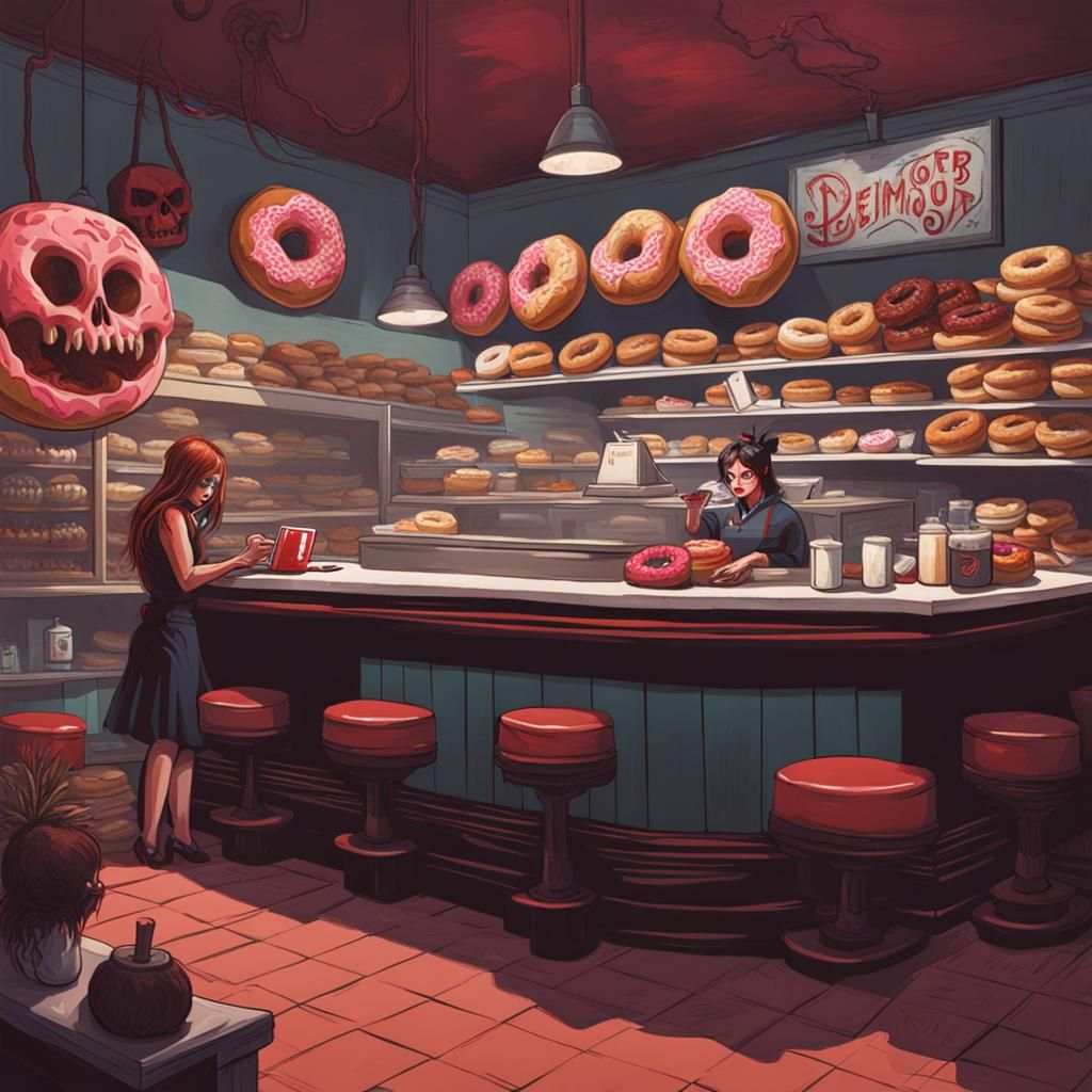 Sinister Demon Woman in Donut Shop