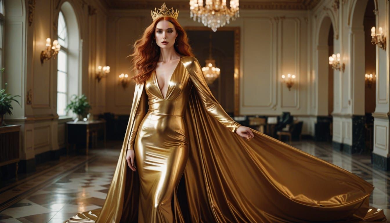Elegant Gold Latex Goddess in Luxury Fashion Photography