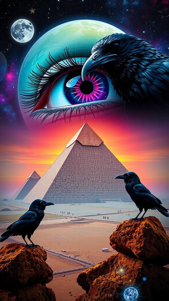 Surreal Egyptian Pyramids in Neon Colors with Ravens