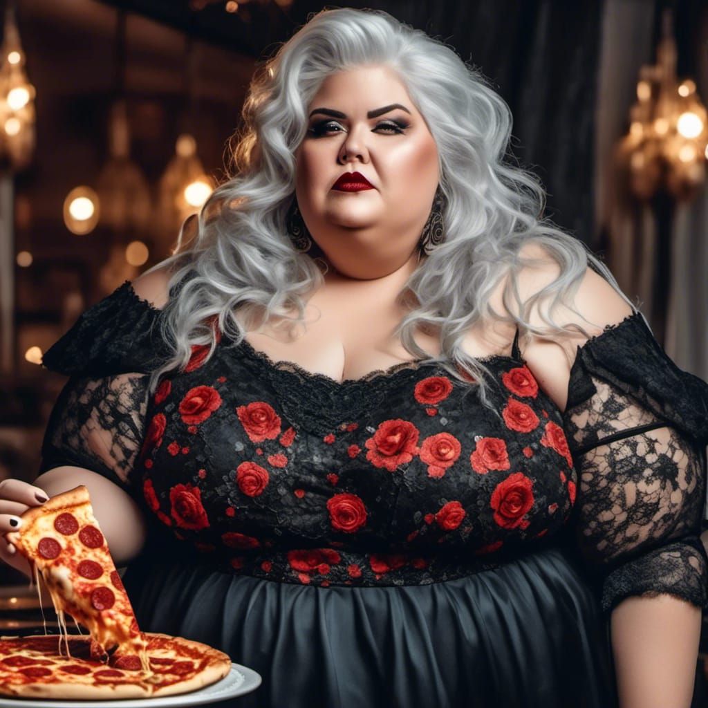 Photorealistic Portrait: Curvy Woman Eating Pizza