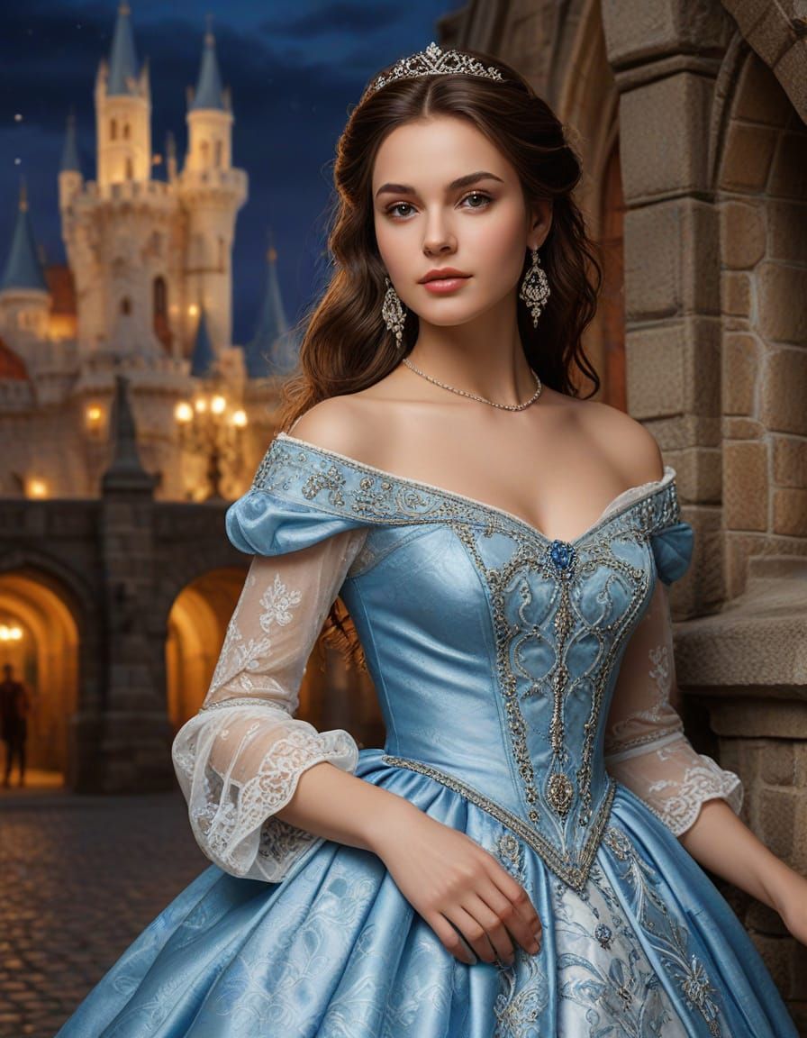 Gothic Princess in Opulent Ball Gown, Medieval Castle Backdr...