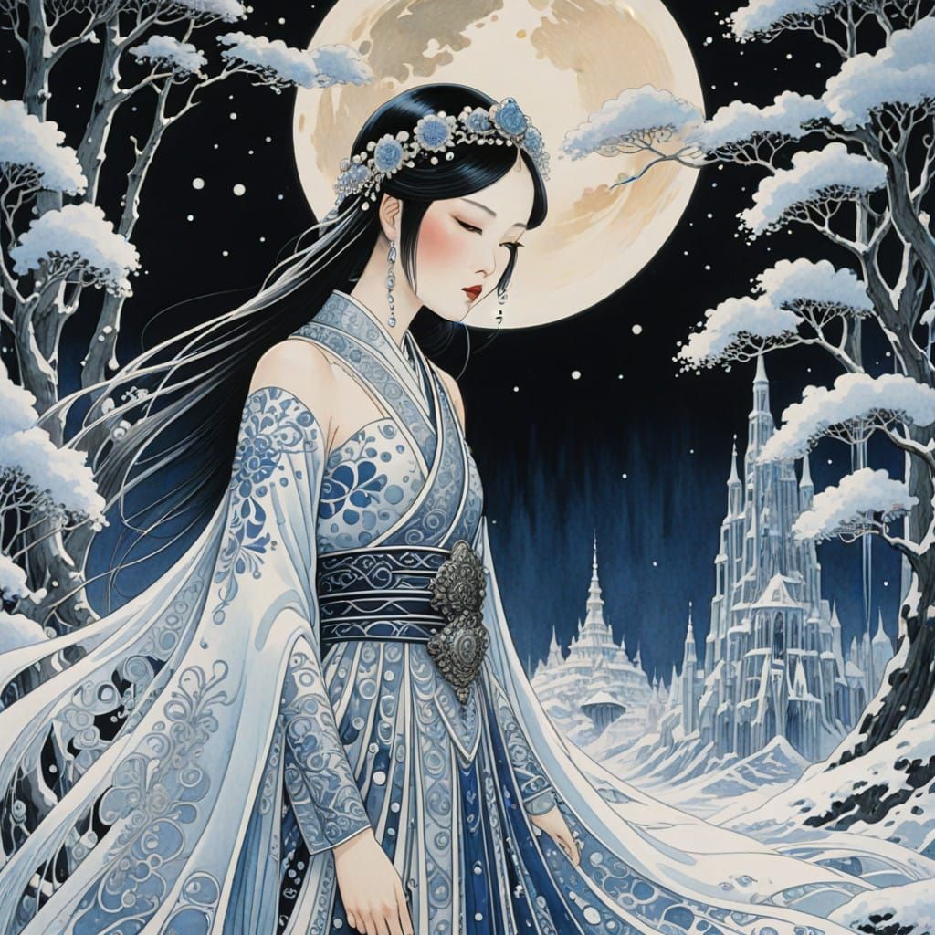 Dreamy Japanese Goddess in Ethereal Winter Wonderland