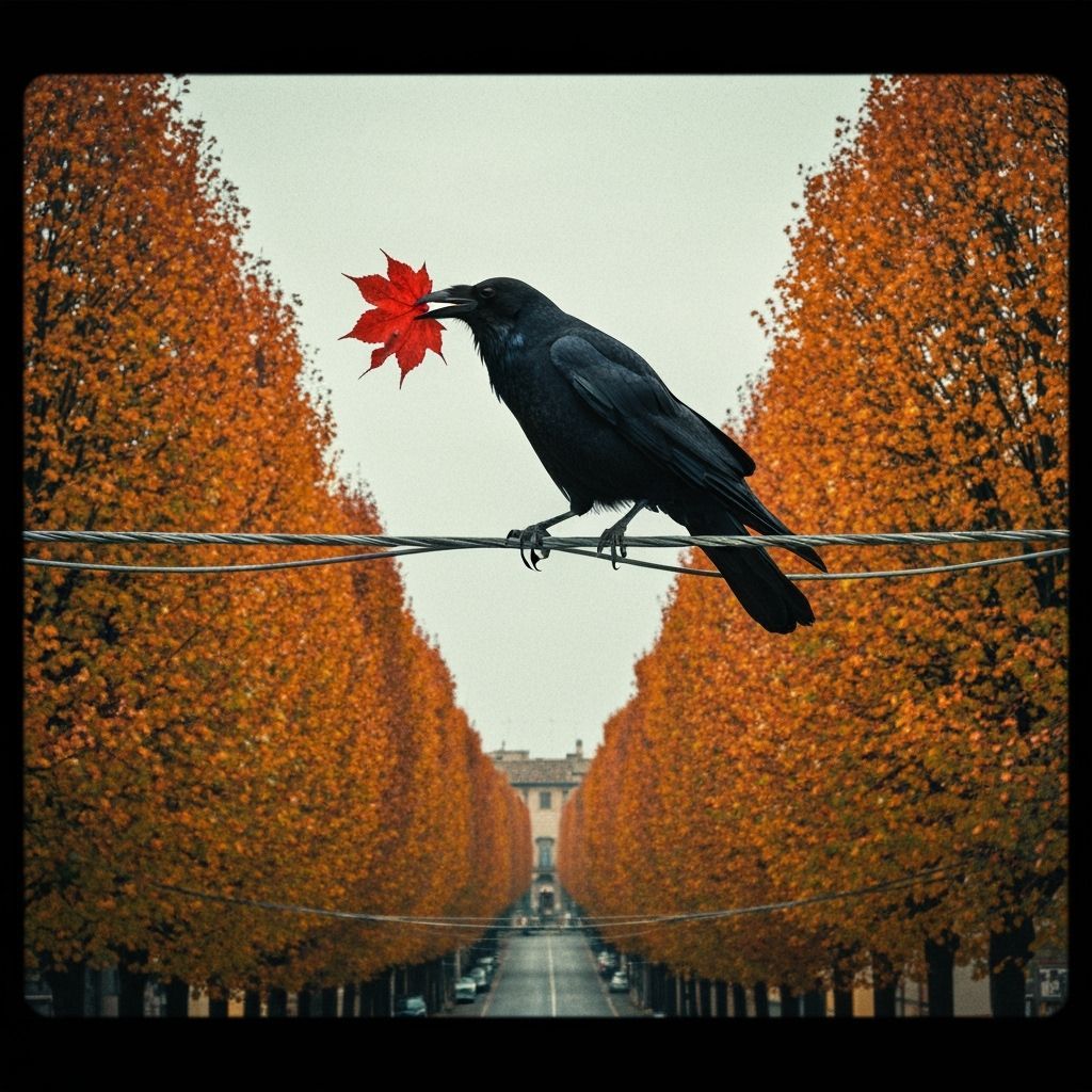 Black Crow with Red Leaf Above Autumn Italian Town