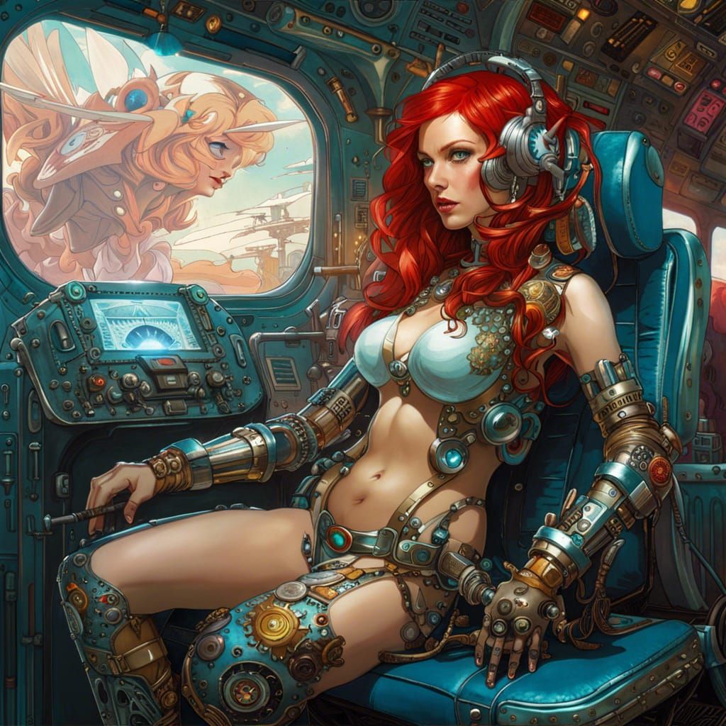 Redhead cyborg, NOT looking at wherever that thing is out her window.