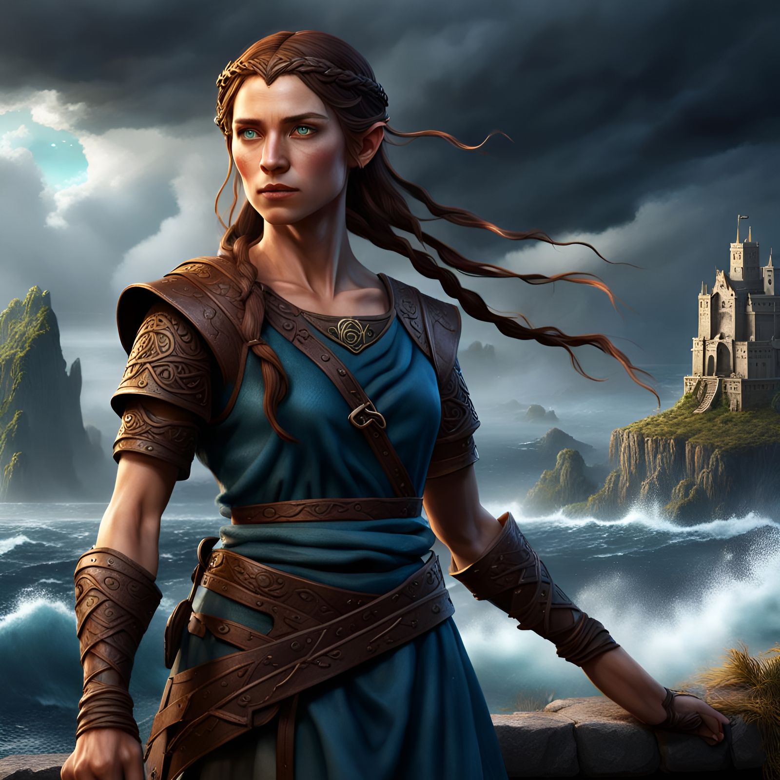 Half-Elf Blacksmith Casting Magic by the Sea