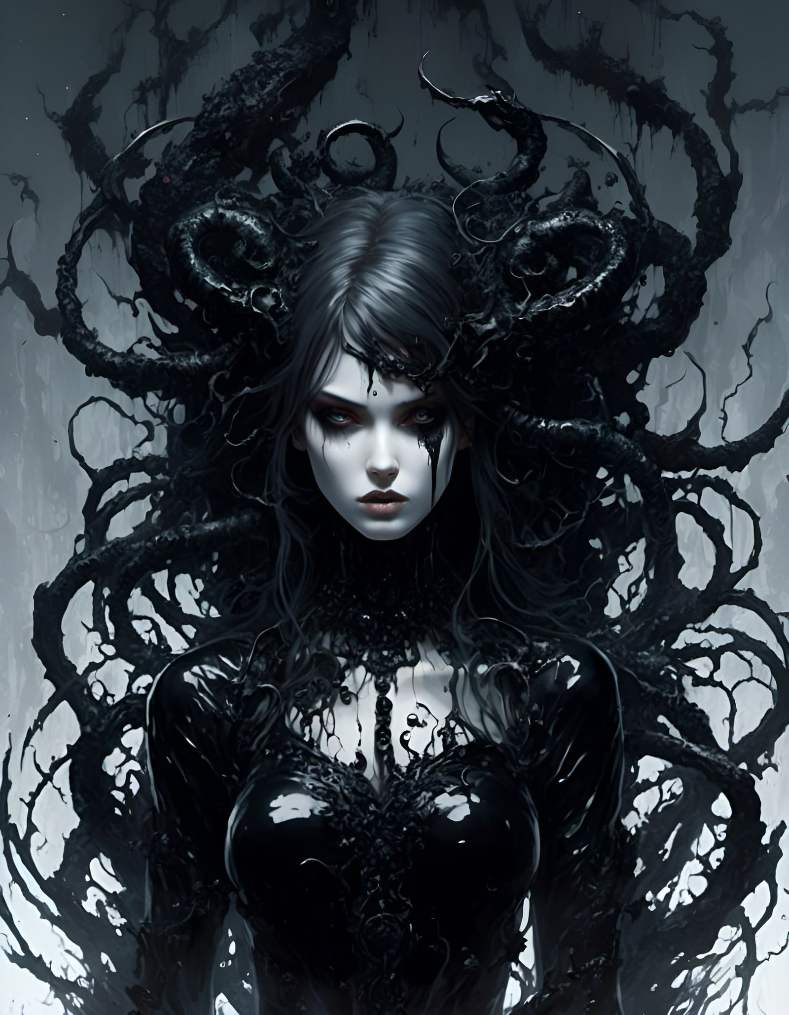 Black Slime Monster Girl in Graveyard, Digital Art