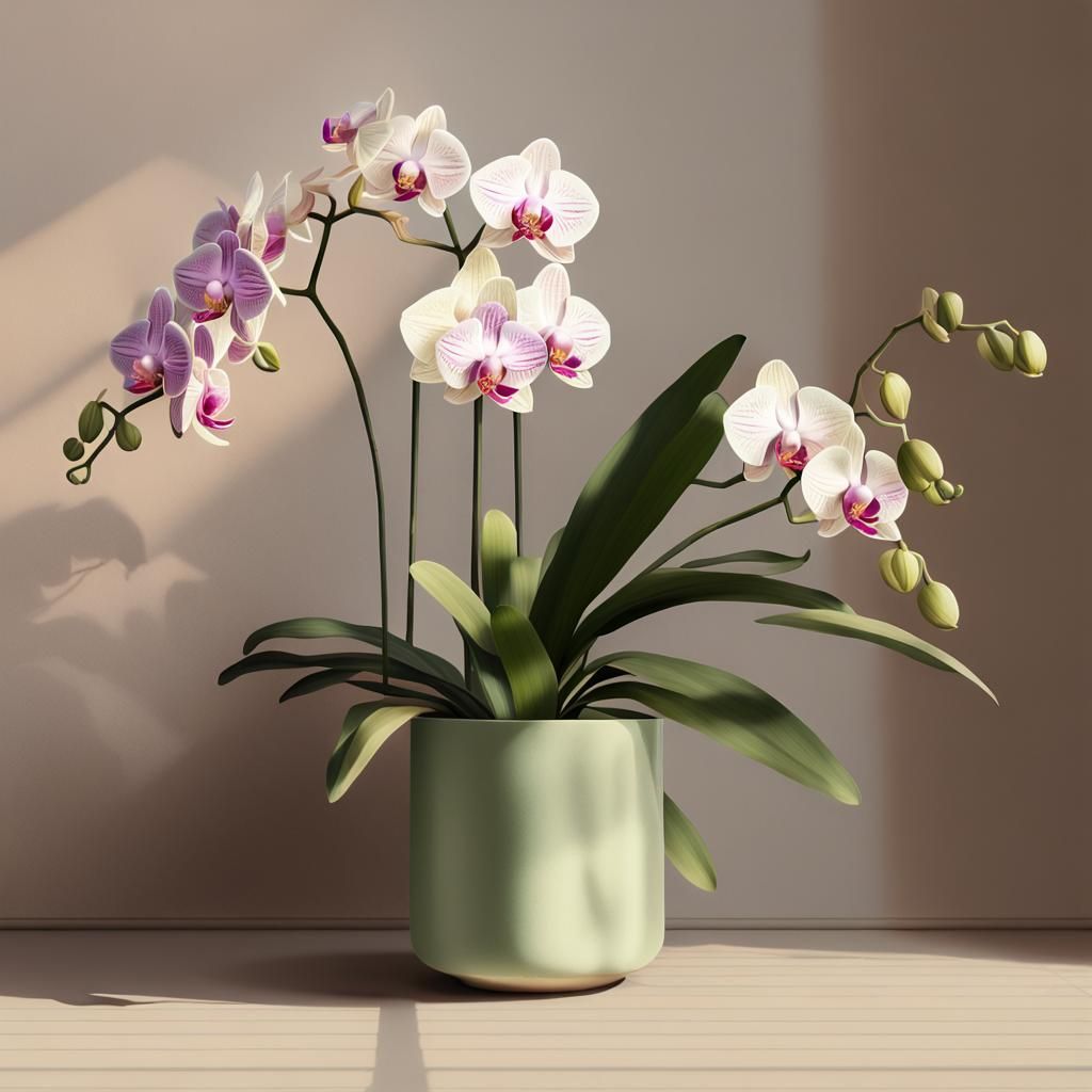 Orchids and Green Plants: Minimalist Digital Painting