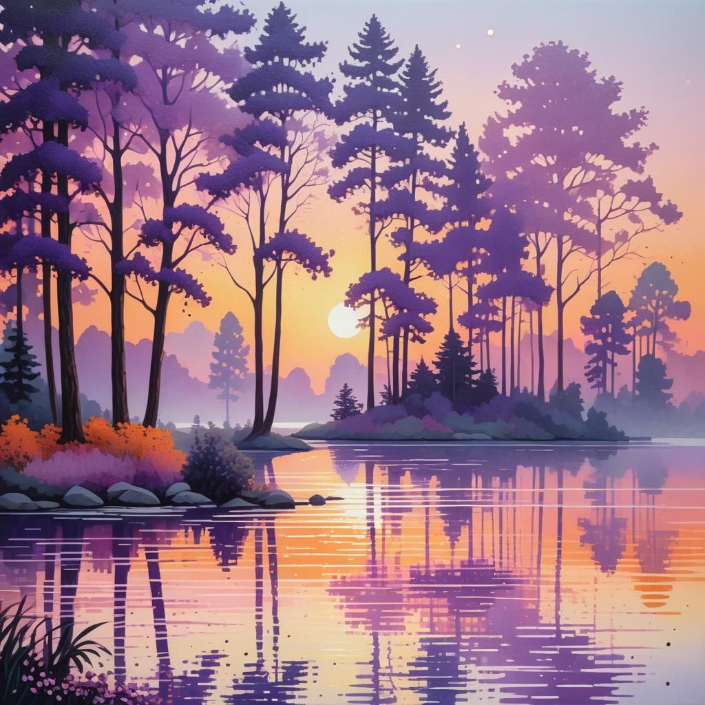 Pointillist Sunset Lakeside Scene in Dreamscape Style