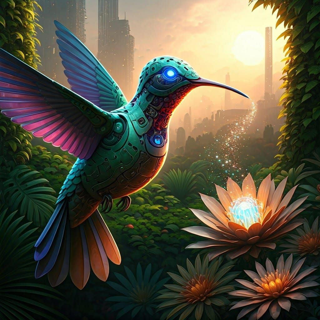 Futuristic Hummingbird in Cyberpunk Garden