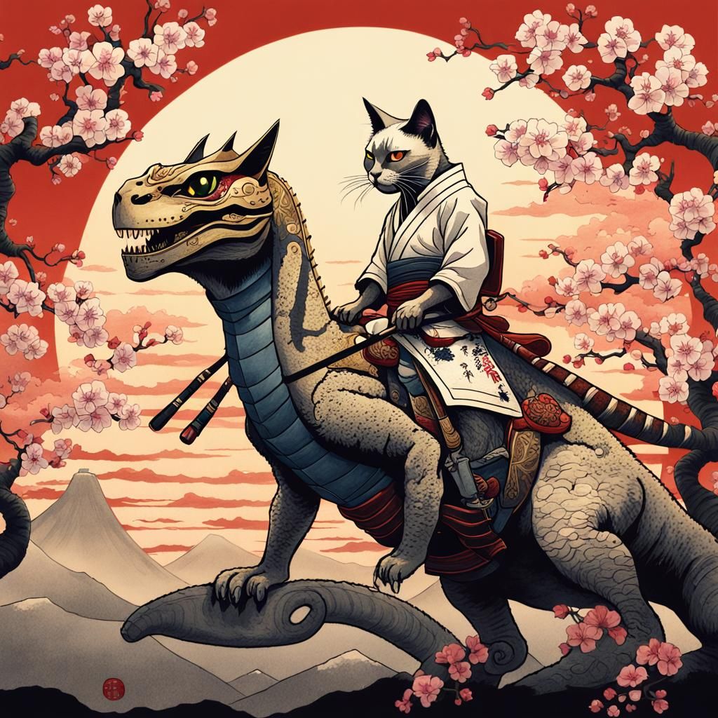 Siamese Cat Samurai on T-Rex: Ukiyo-e Ink Wash