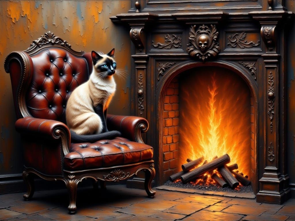Majestic Siamese Cat by Fireplace in Matte Painting Style