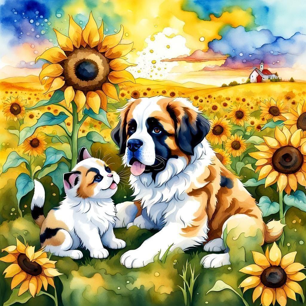 A calico tree color longhair kitten and a Saint Bernard pupp...