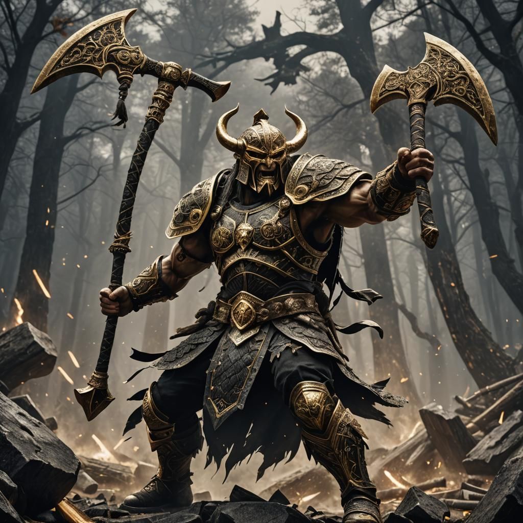 Hyperrealistic Half-Giant Warrior with Twin Axes