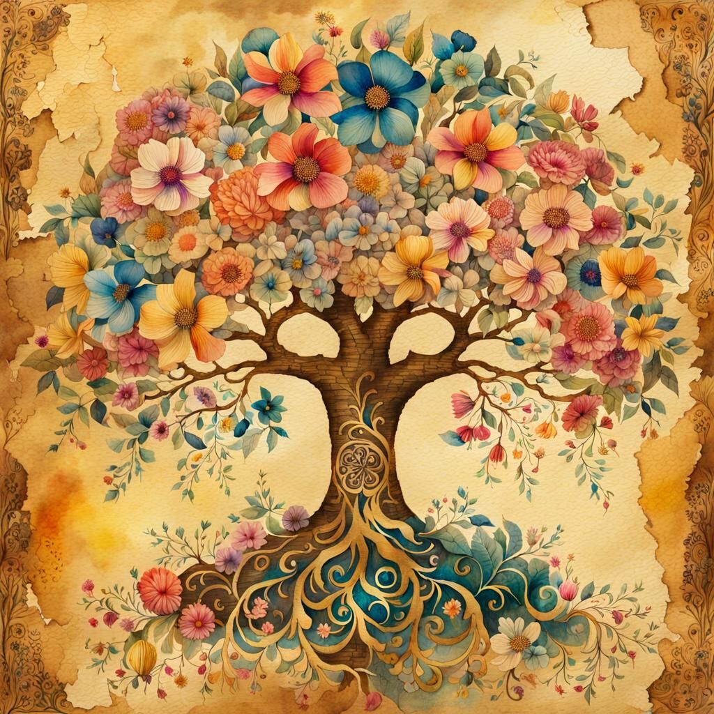 Watercolor Tree of Life with Vintage Paper Texture
