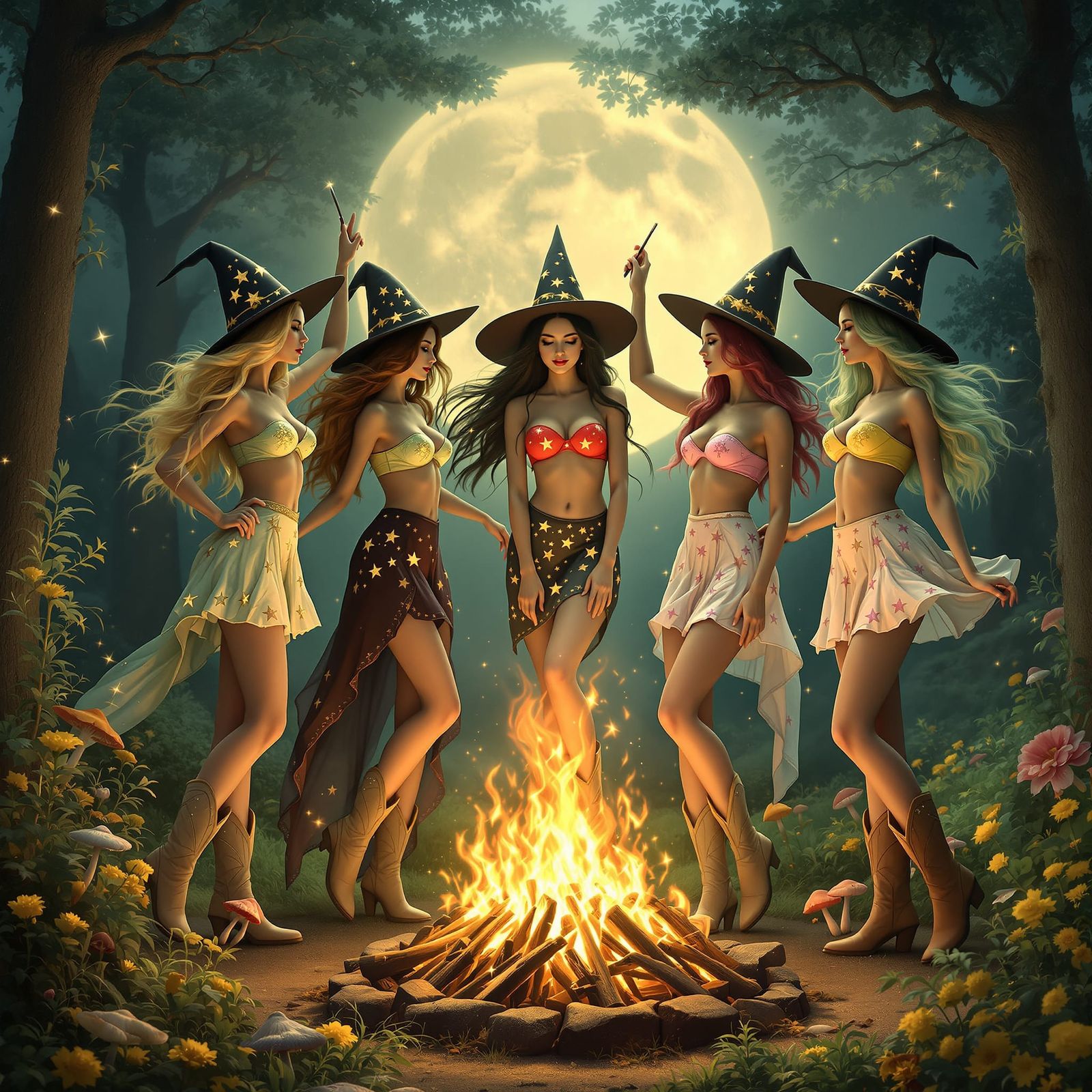 Five Elegant Witches Dancing Around Campfire in Magical Fore...