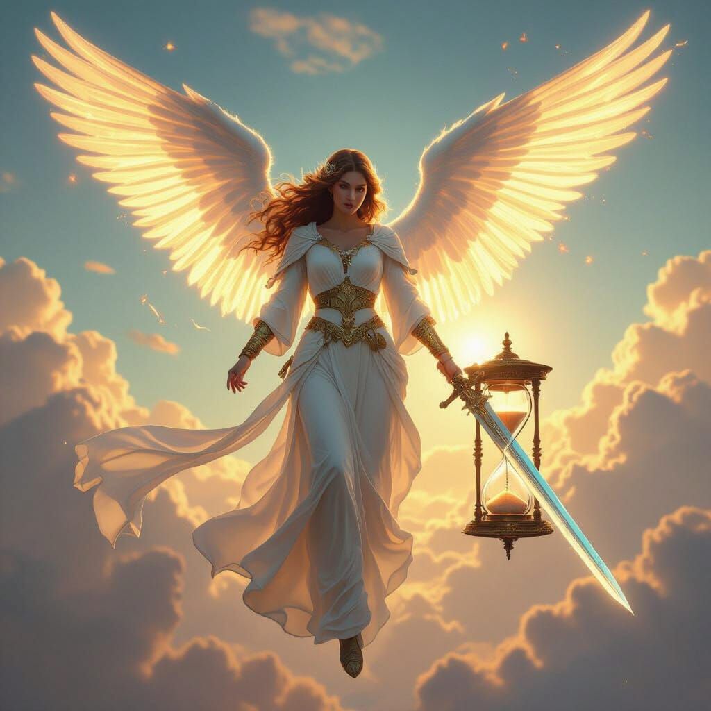 Neon Angel Descends from Heaven with Sword