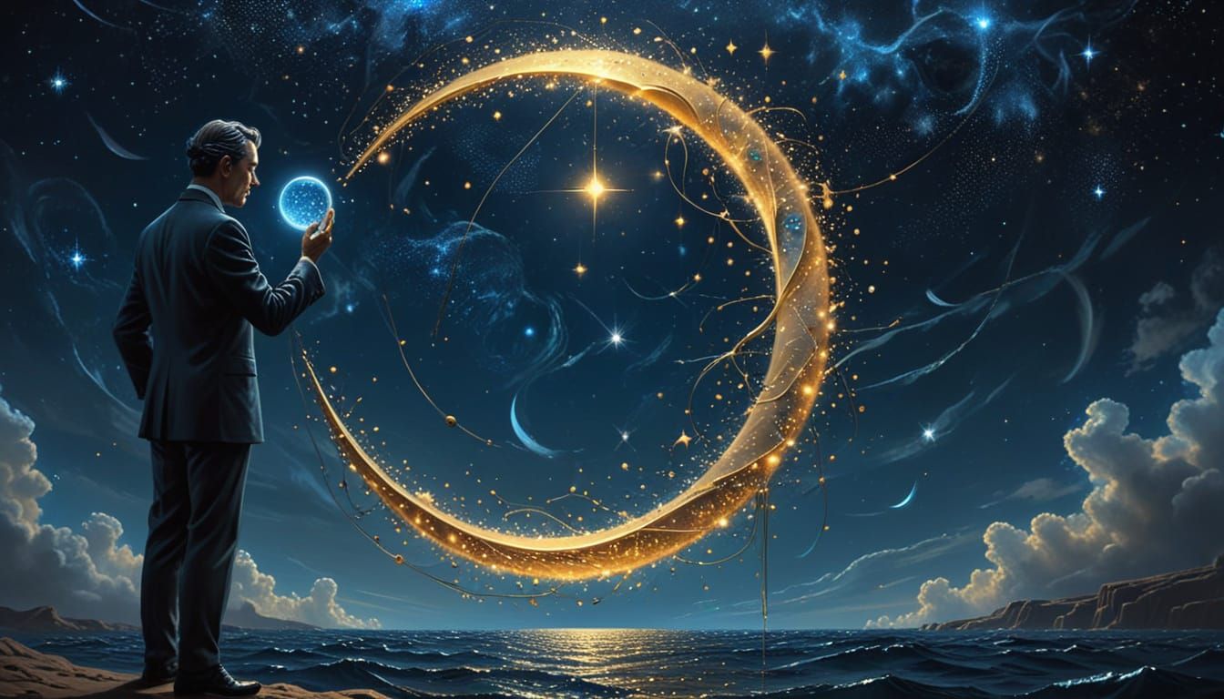 Figure Fishing on Crescent Moon: Surreal Digital Painting