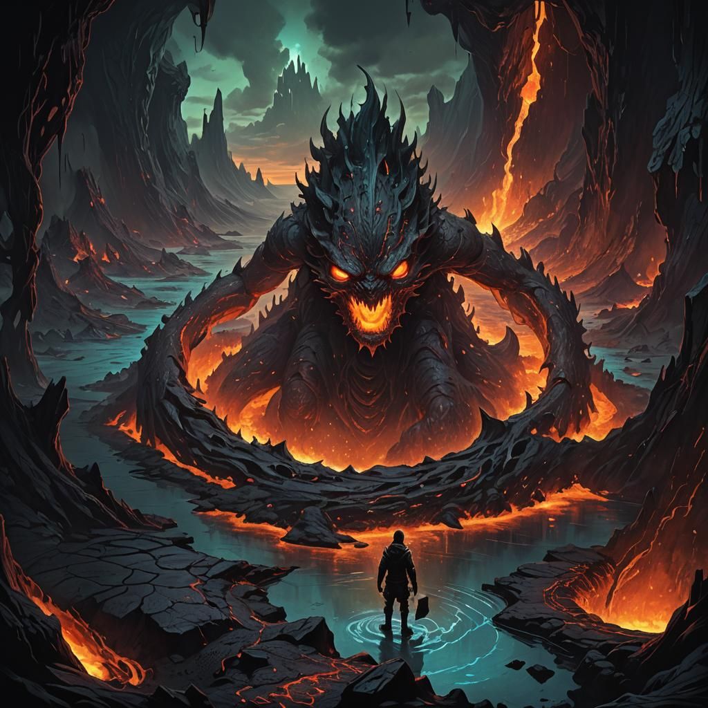 Grotesque Figure in Bioluminescent Lava Kingdom