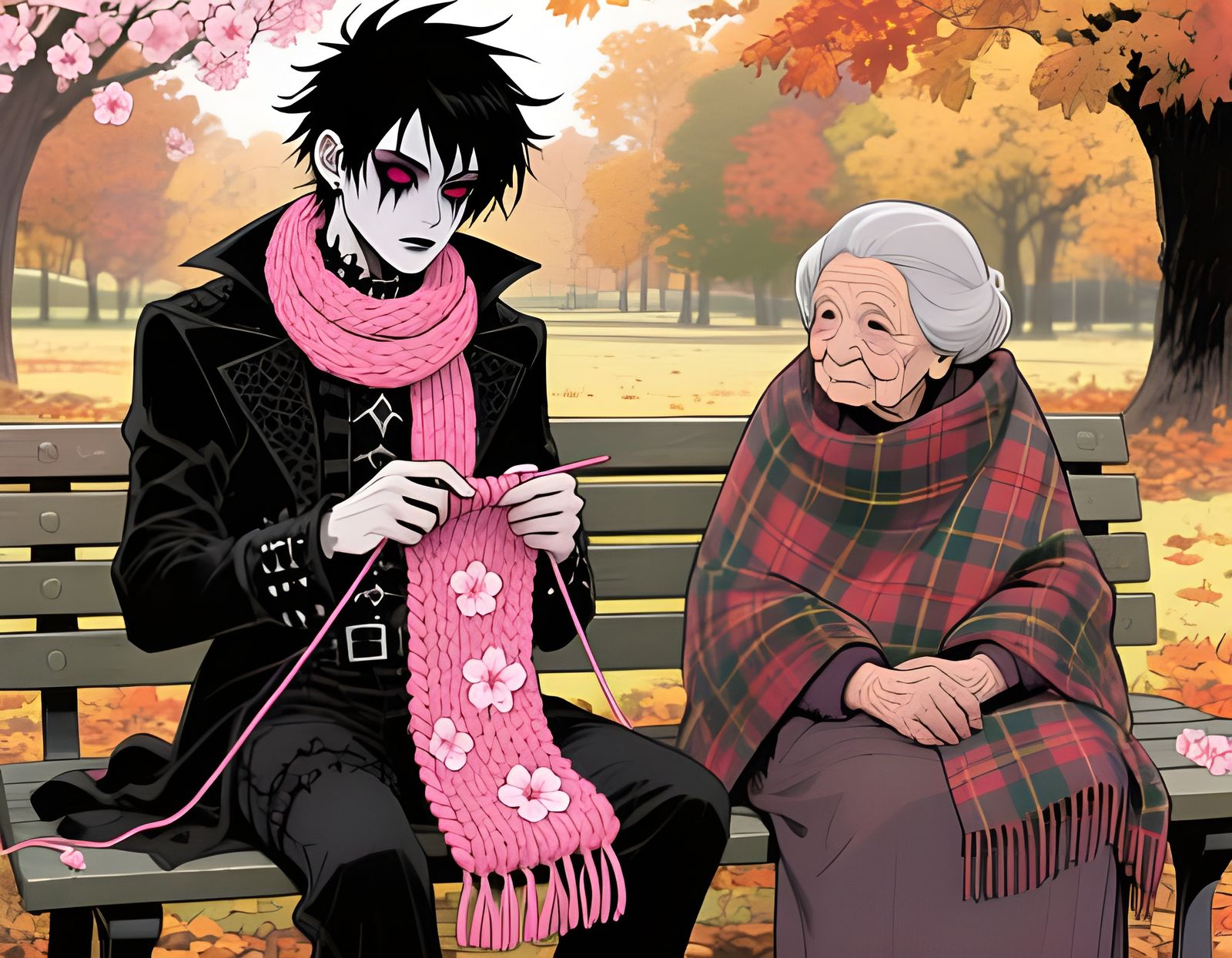 Goth Man Knitting Pink Scarf in Autumn Park