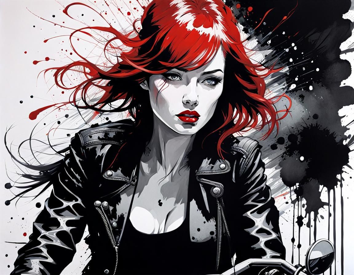 Redhead Girl on Motorcycle in Ink Splatter Portrait