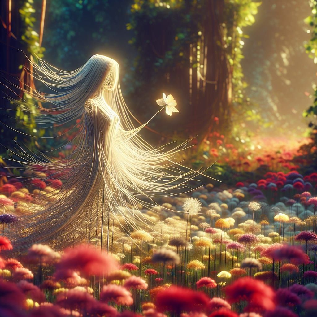 Ethereal Flower Stem Woman in Dreamy Forest
