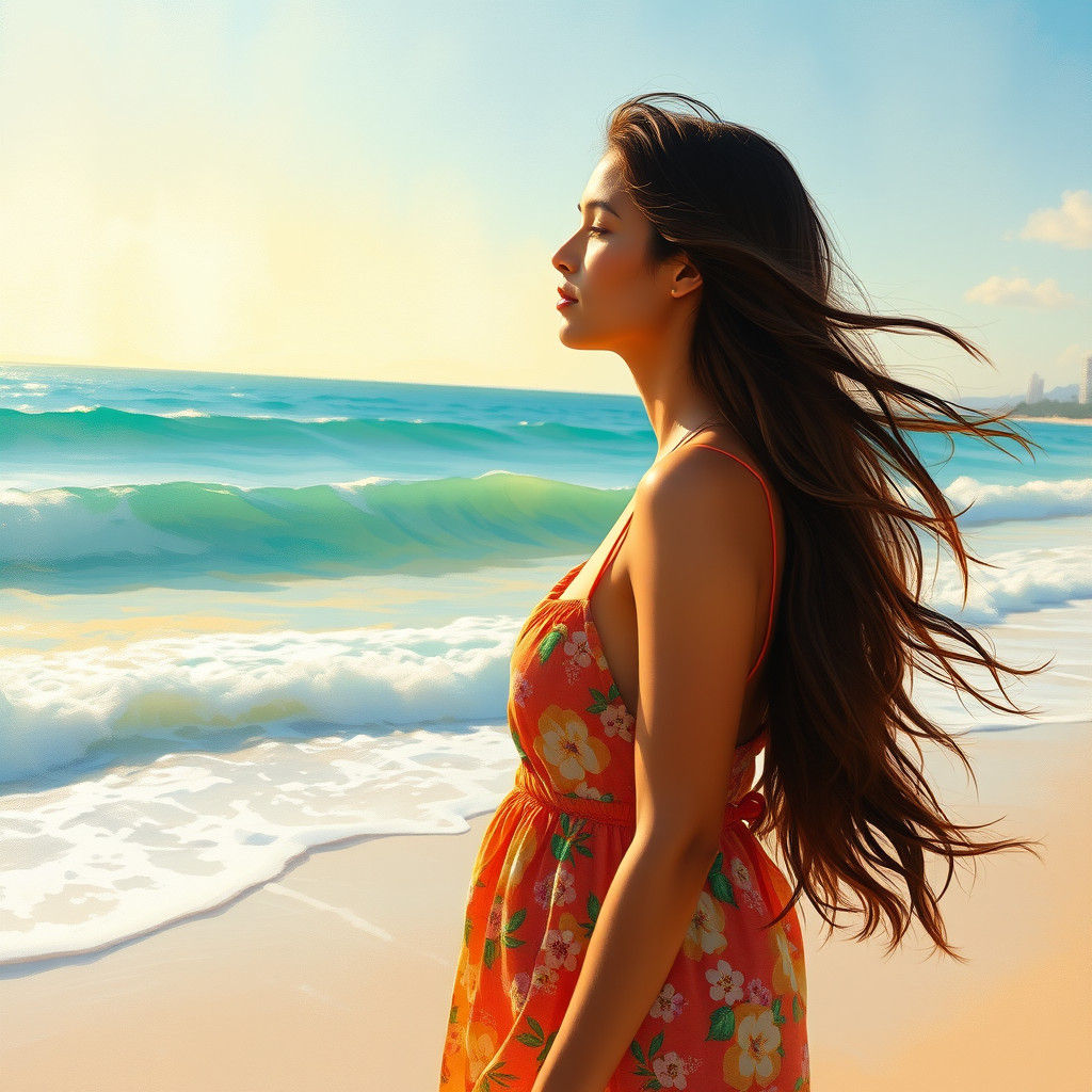 Brazilian Woman on Ipanema Beach in Impressionist Style