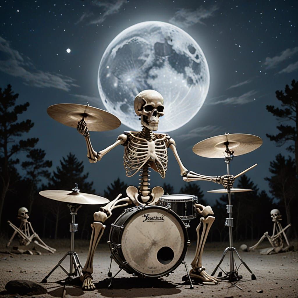 Skeleton Drummer Rocks Out Under Full Moon