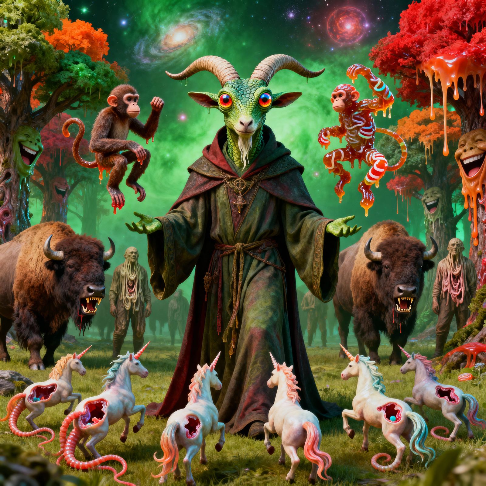 Eerie Wizard with Goat Head and Candy Apes in Cosmic Forest