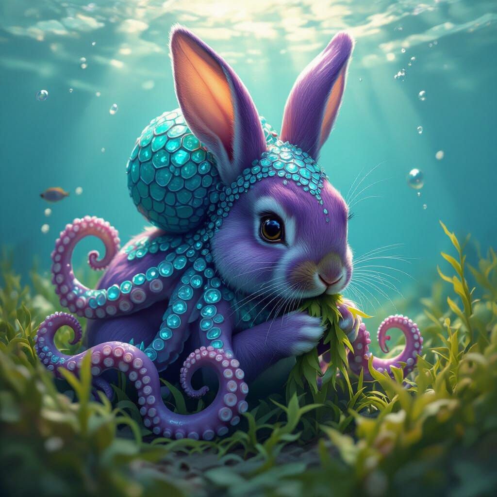 Purple Rabbit with Octopus Head in the Ocean