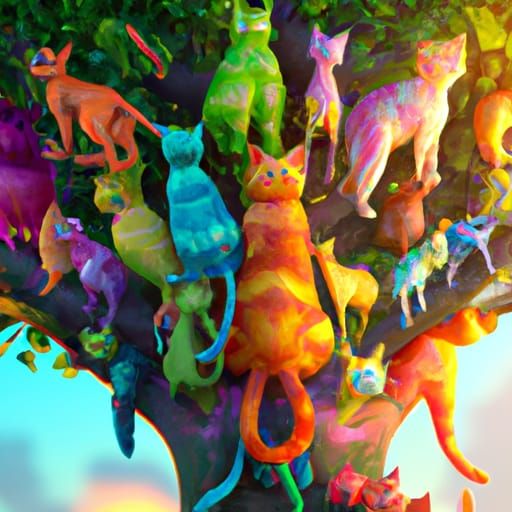 Cats in Tree: Colorful Digital Art by Alphonse Mucha