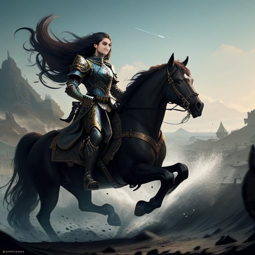Armored Warrior Girl on Horseback in Battle