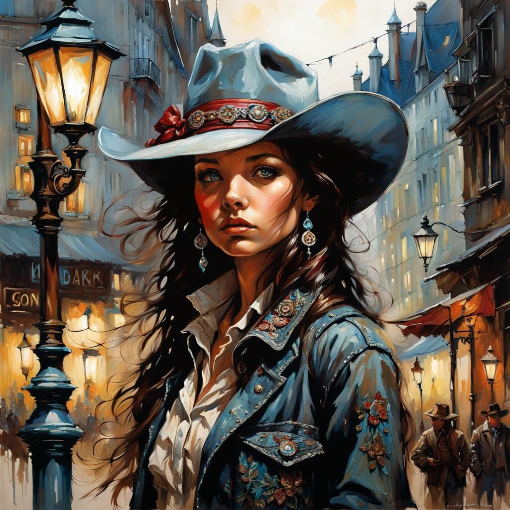 Dark Fantasy Cowgirl in Ancient French Street