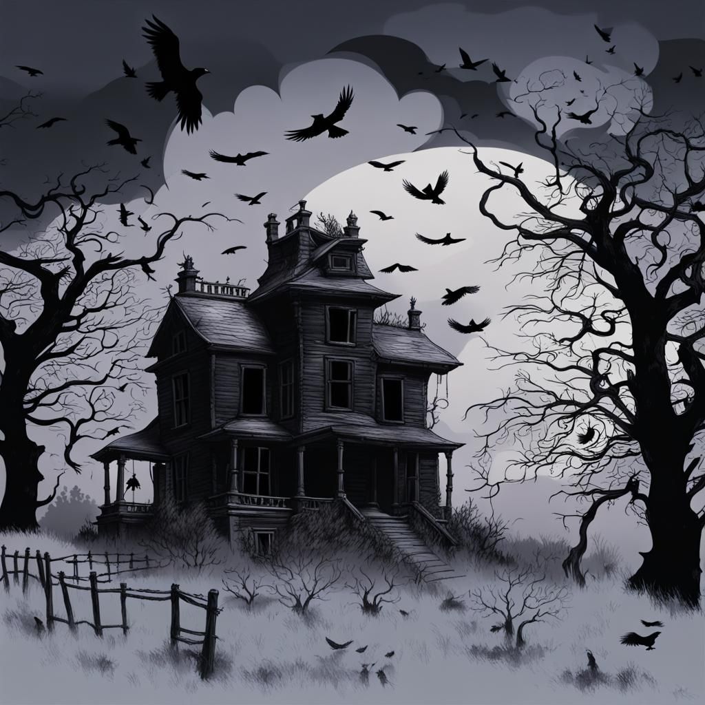 Spooky House with Ravens in Stormy Night