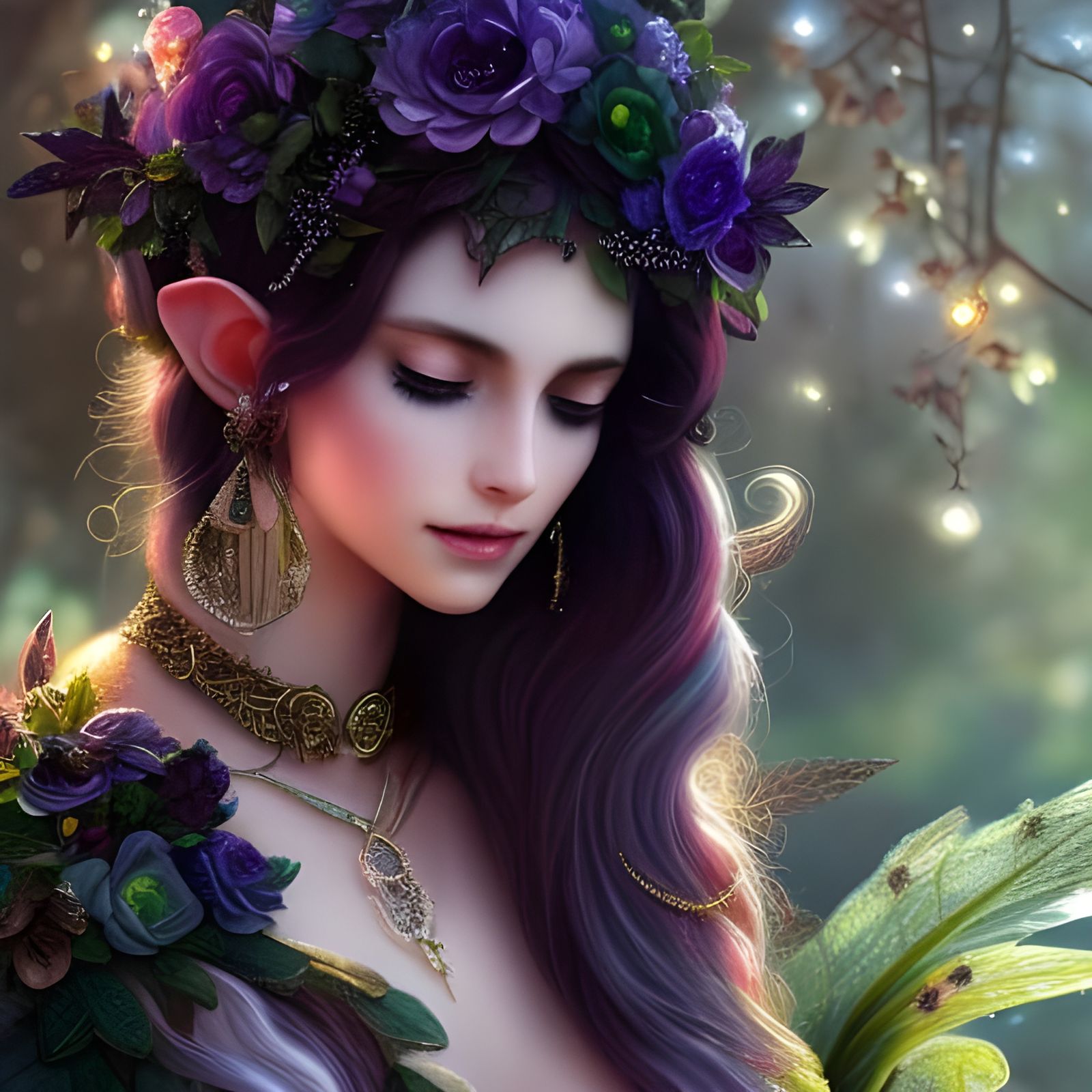 Enchanted Elf Portrait with Crystal Leaves