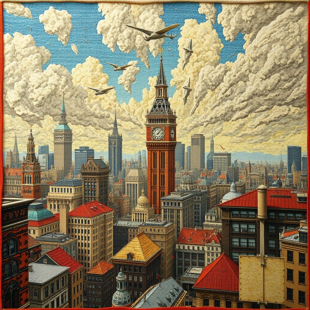 Floating Cityscape in Vibrant Woven Tapestry Style