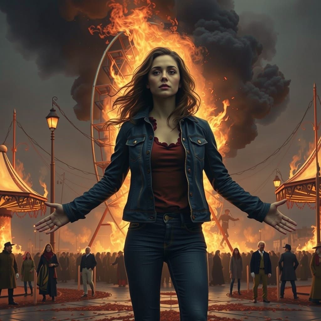 Vintage Fairground Engulfed in Flames, Gustave Doré Style