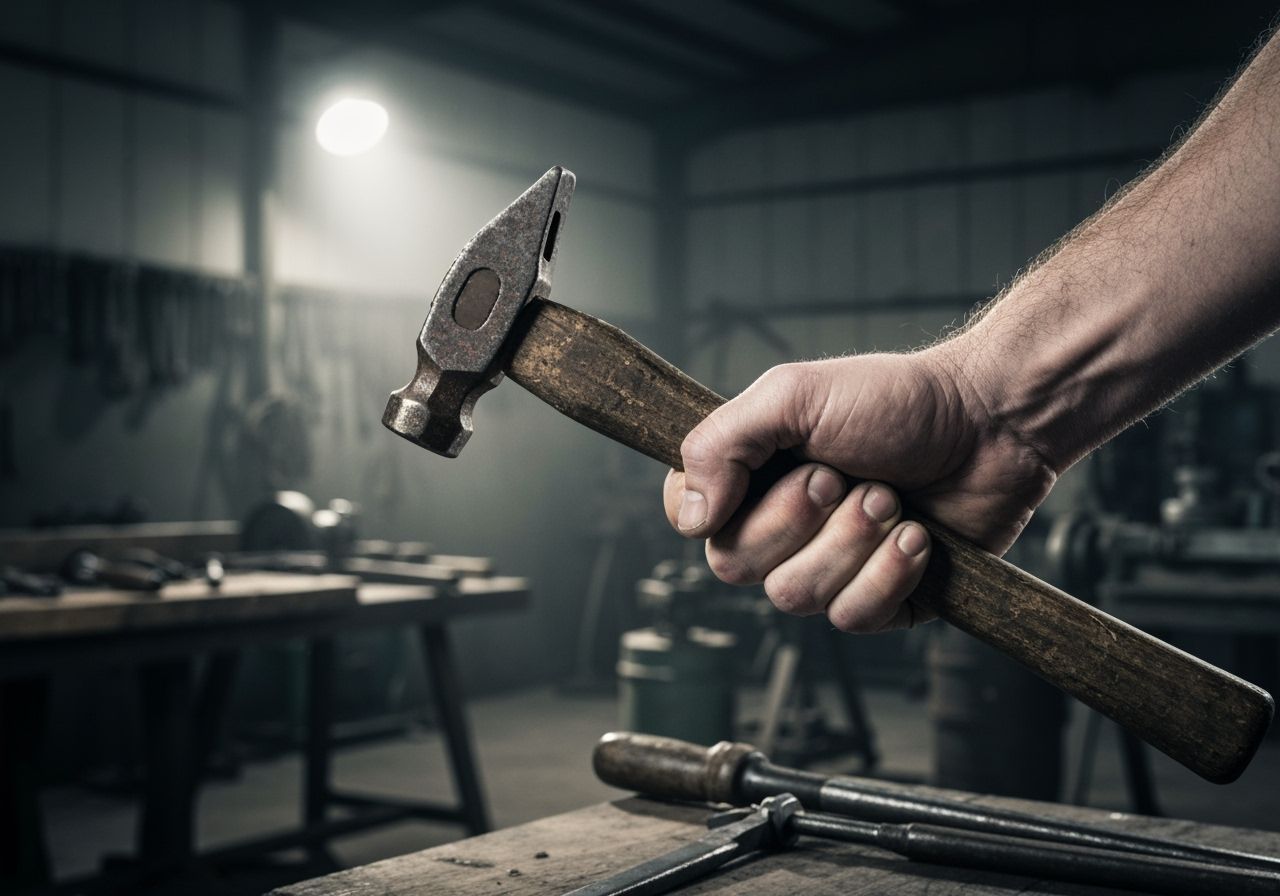 Grasping Hammer: Industrial Worker's Hand in Workshop