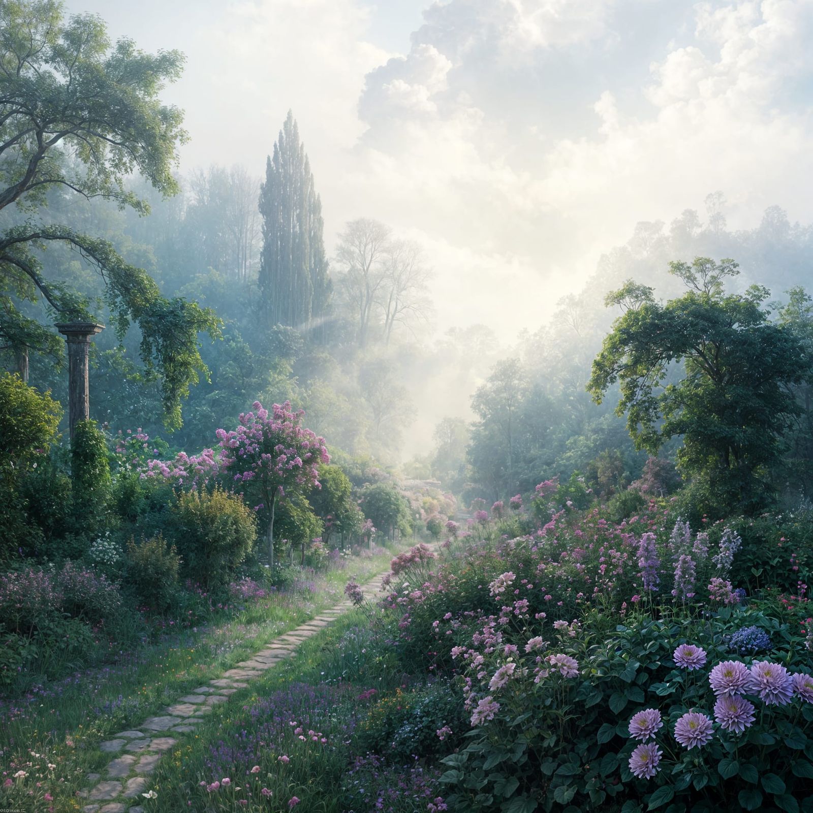 Misty Morning in Monet's Garden, Impressionist Landscape