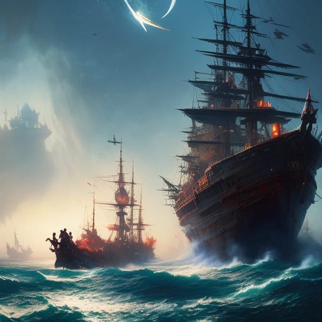 Pirate Ship Attack: Hyperdetailed Digital Illustration