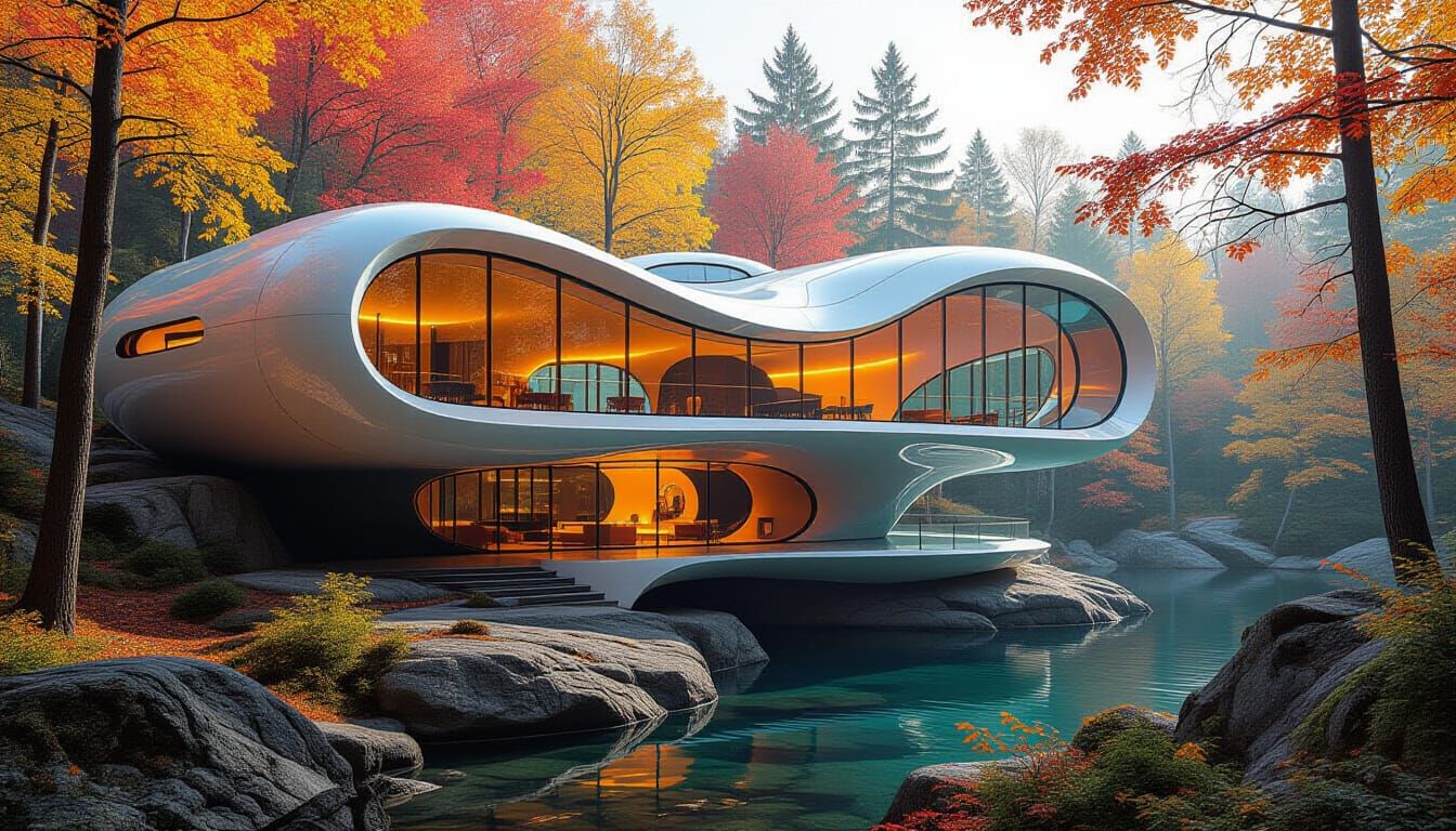 Futuristic Wave Building in Autumn Forest