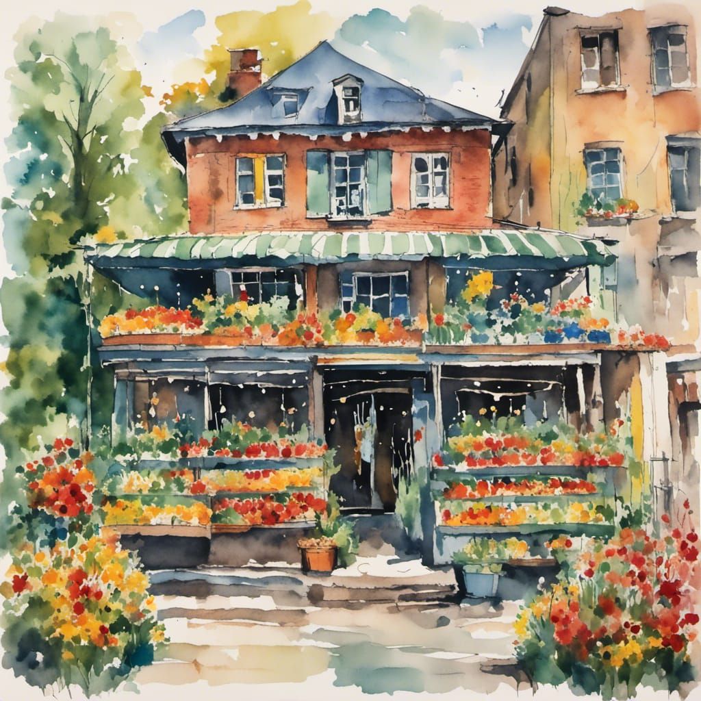 Mayberry Vegetable Stand in Gouache Watercolor Style