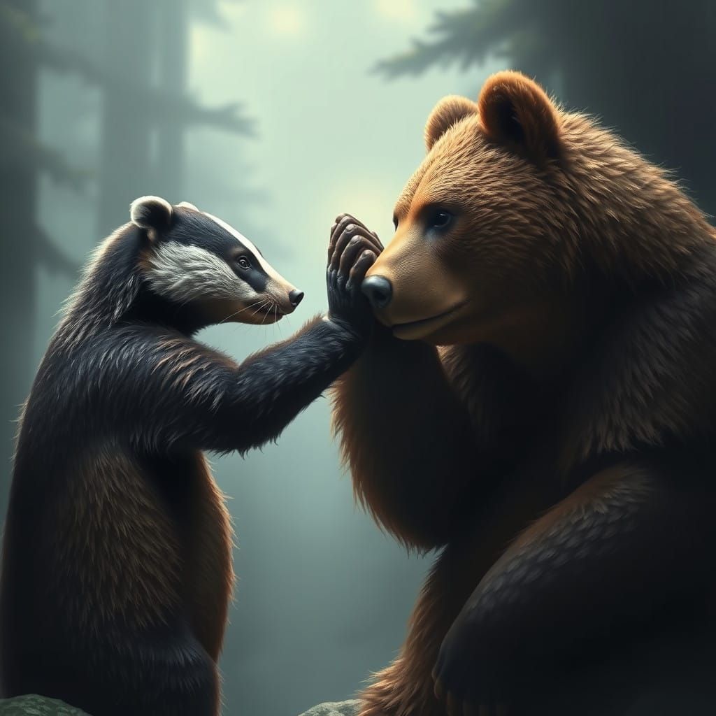 Cinematic Bear and Badger Highfive Moment
