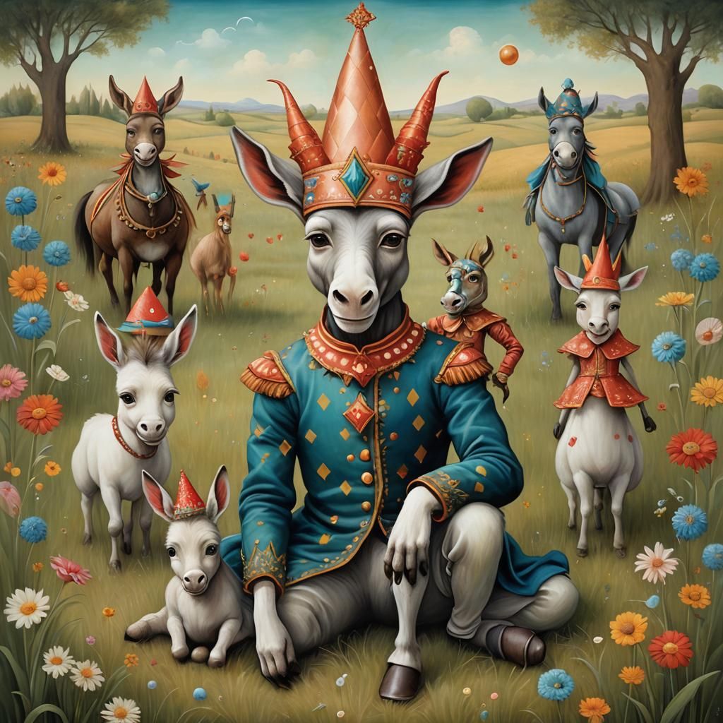 Surreal Harlequin and Donkeys in Van Gogh Style