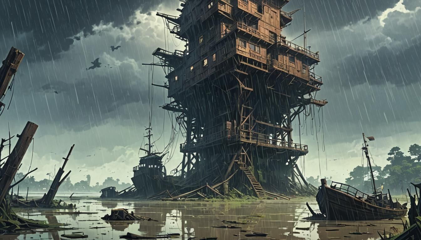 Coastal Swamp With Air Tower in Anime Style