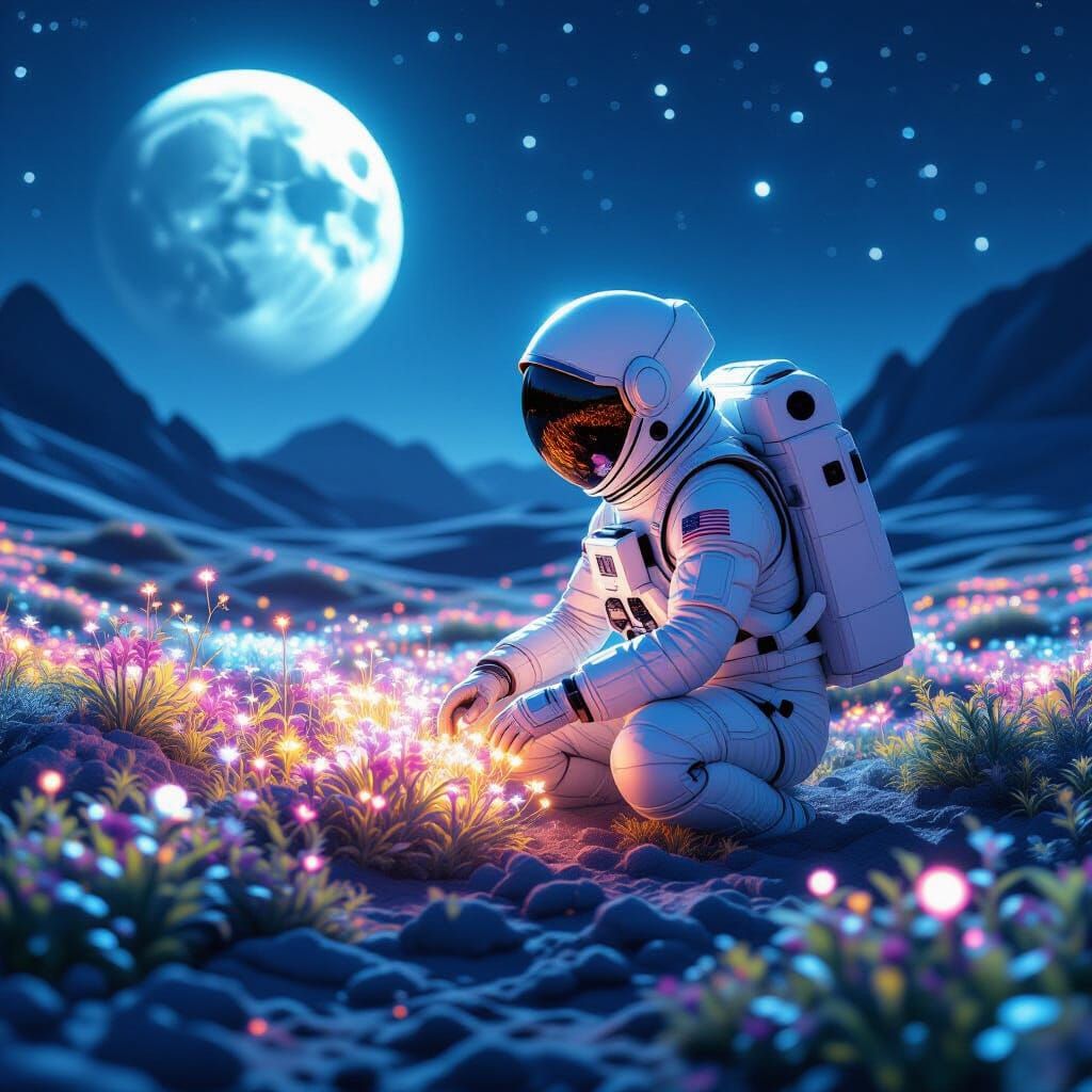 Astronaut Tends Bioluminescent Garden on Alien Moon