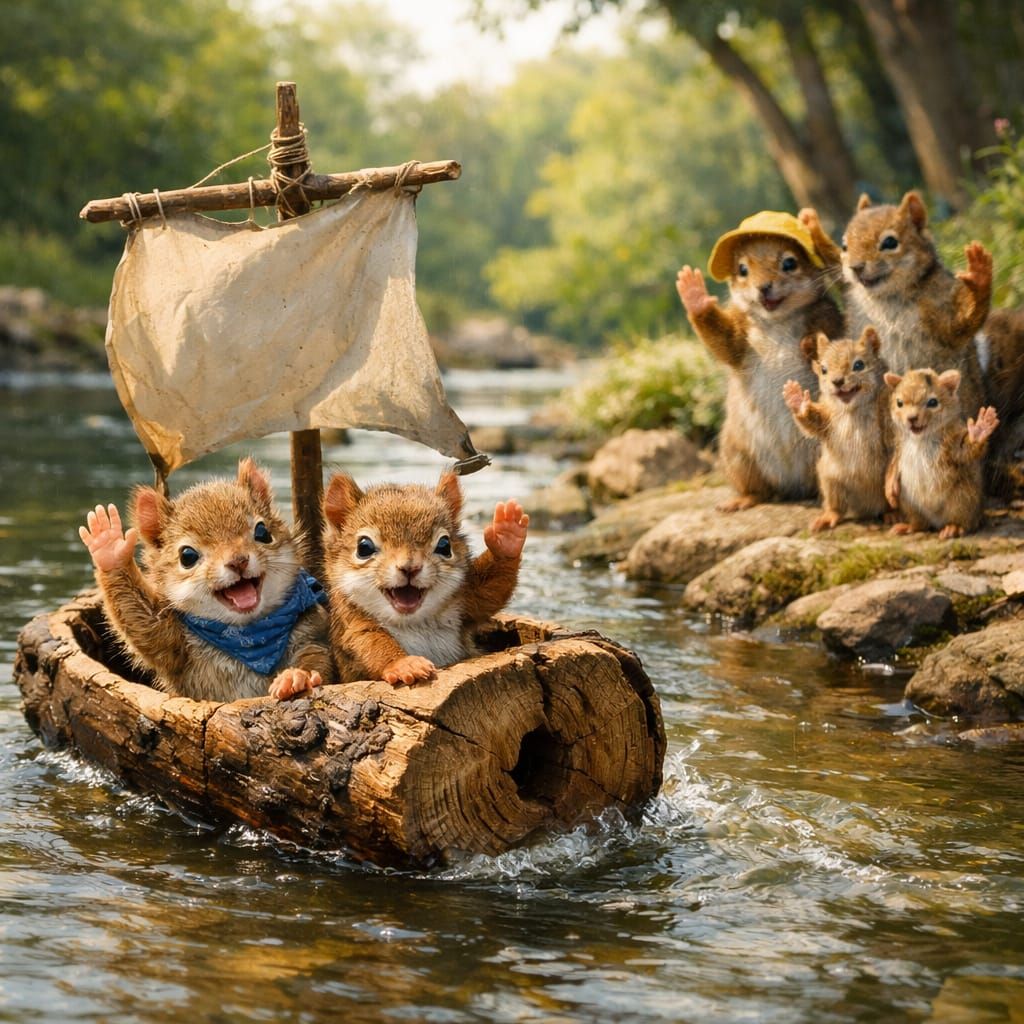 Baby Squirrels Sail a Log Boat Downriver