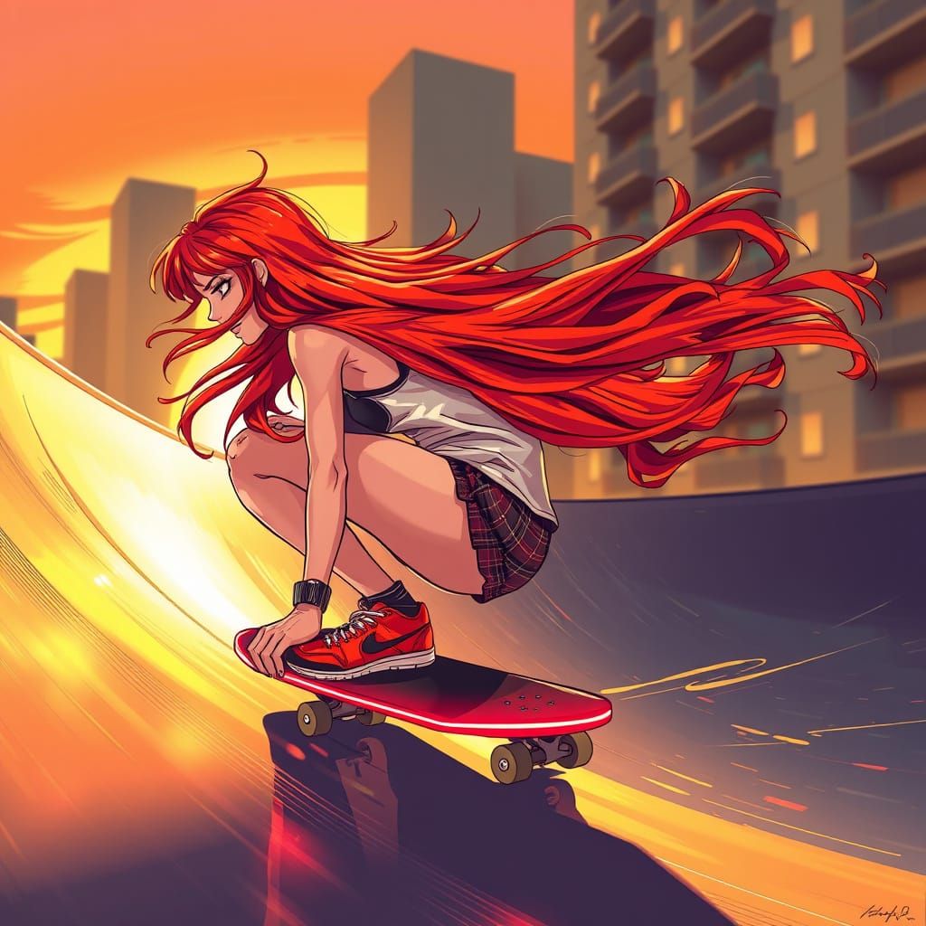 Girl on Neon Skateboard: Fiery Red Hair Blows Back in Sunset...