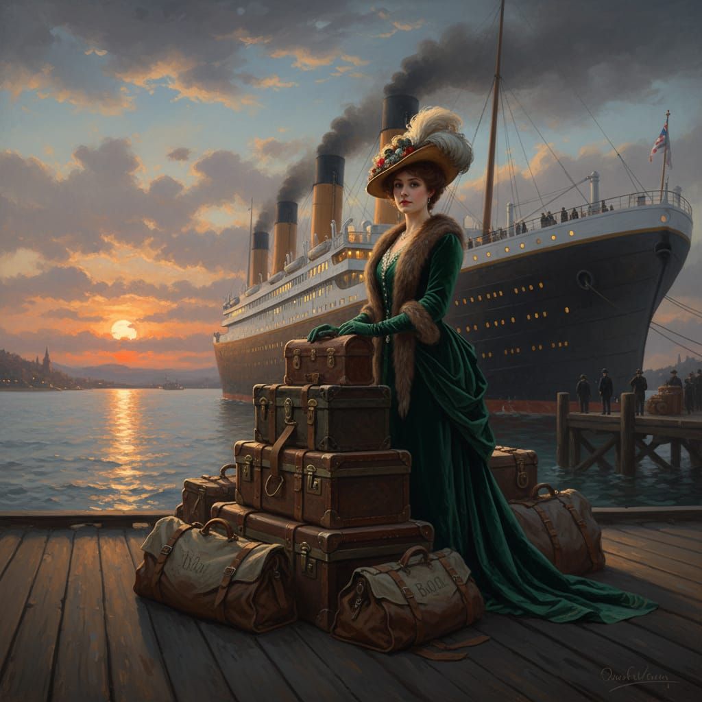 Nostalgic 1910s Dock Scene with Titanic